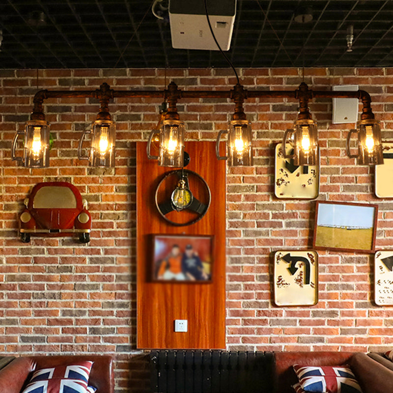 Clear Glass Beer Mug Island Pendant Light Rustic Bar Ceiling Light with Water Pipe in Bronze