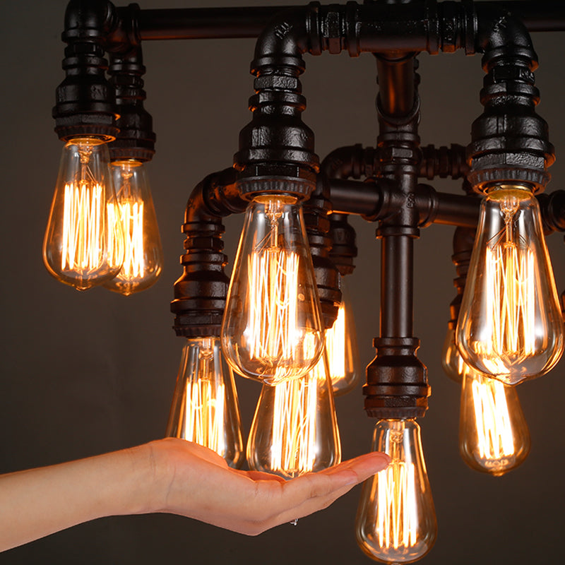 13 Heads Ceiling Lighting Rustic Water Pipe Iron Chandelier Light Fixture in Black