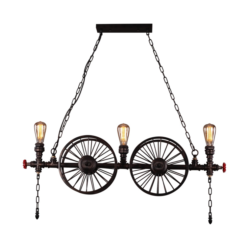 Wagon Wheel Metallic Pendant Light Antique 3 Heads Restaurant Hanging Island Light with Decorative Valve