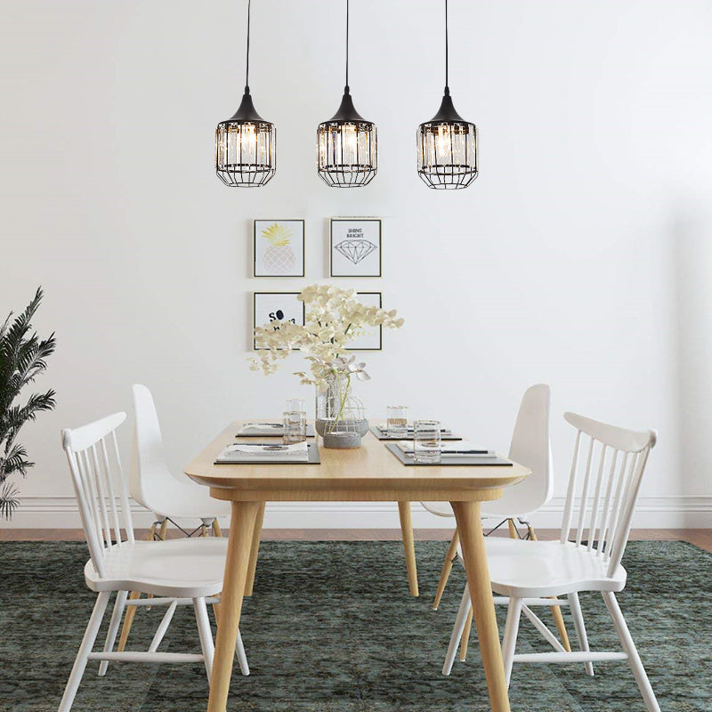 3 Light Dining Room Cluster Pendant Nordic Black Hanging Ceiling Light with Bottle/Cylinder/Urn Metal and Crystal Shade