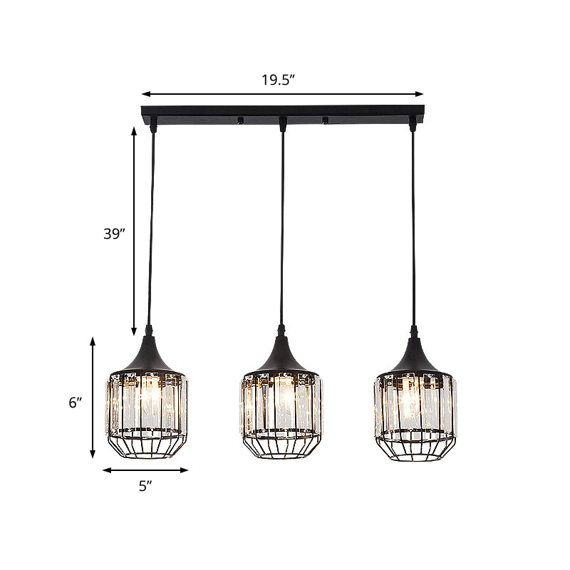 3 Light Dining Room Cluster Pendant Nordic Black Hanging Ceiling Light with Bottle/Cylinder/Urn Metal and Crystal Shade