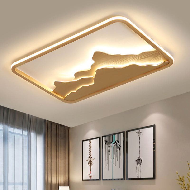 Holz Rechteck Flush Decke Licht Chinesisches Schlafzimmer LED Flush Montage Beleuchtung Armatur mit Berg-Dekor