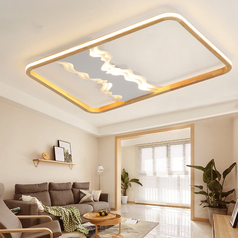 Holz Rechteck Flush Decke Licht Chinesisches Schlafzimmer LED Flush Montage Beleuchtung Armatur mit Berg-Dekor