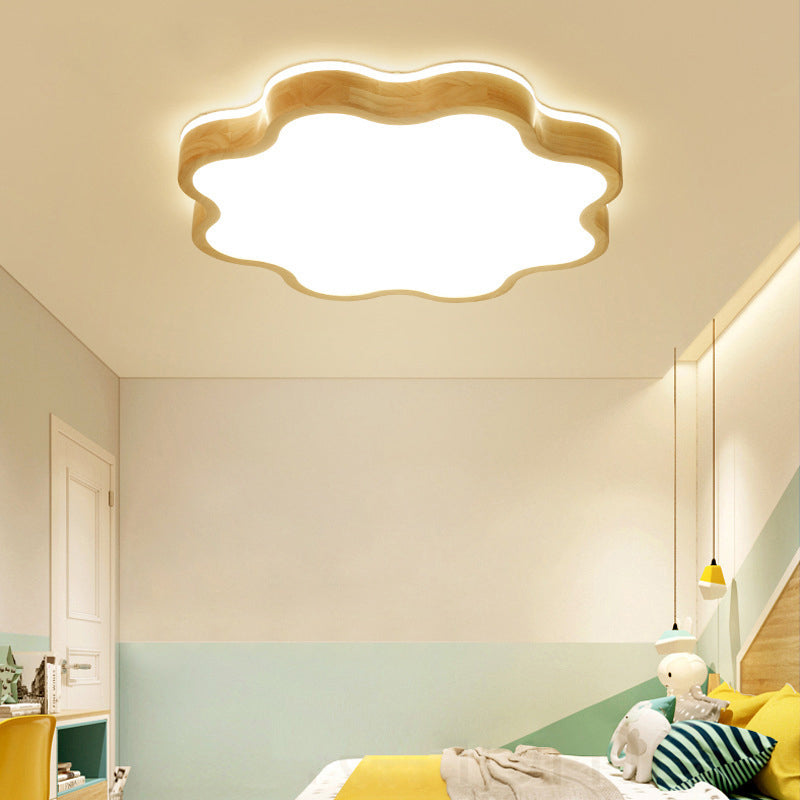 Children Cloud Shaped Flush Mount Light Wood Bedroom LED Flush Ceiling Light Fixture