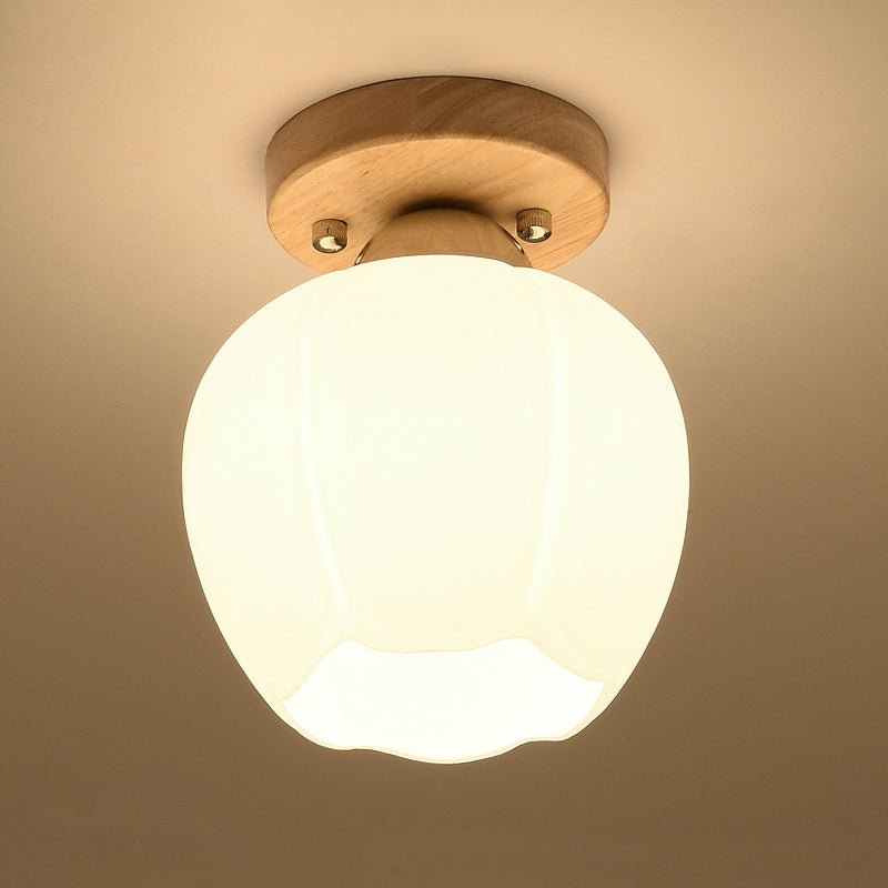 Shaded Entryway Flush Mount Lighting White Glass Nordic LED Flush Ceiling Light Fixture with Wooden Canopy