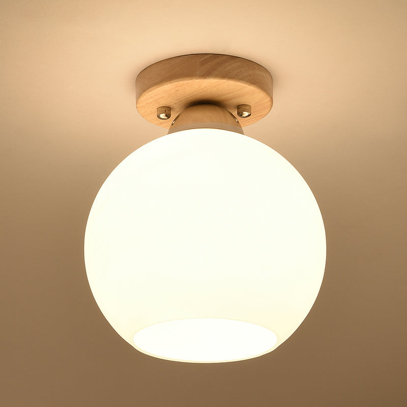 Shaded Entryway Flush Mount Lighting White Glass Nordic LED Flush Ceiling Light Fixture with Wooden Canopy