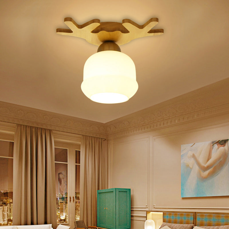 Shaded Entryway Flush Mount Lighting White Glass Nordic LED Flush Ceiling Light Fixture with Wooden Canopy