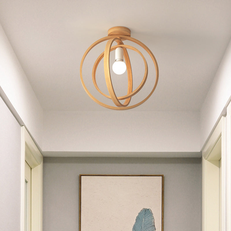Wood Geometric Cage Flush Light Nordic Style Single Flush Ceiling Light Fixture for Corridor