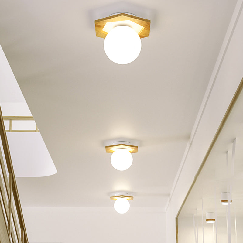 Modern Geometric Flush Mount Frosted White Glass 1-Light Corridor Flushmount Ceiling Light with Wooden Canopy