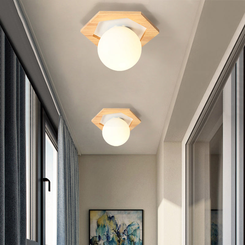 Modern Geometric Flush Mount Frosted White Glass 1-Light Corridor Flushmount Ceiling Light with Wooden Canopy