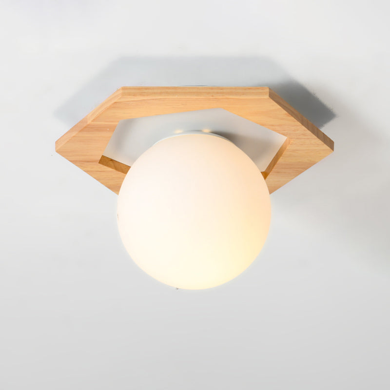 Modern Geometric Flush Mount Frosted White Glass 1-Light Corridor Flushmount Ceiling Light with Wooden Canopy