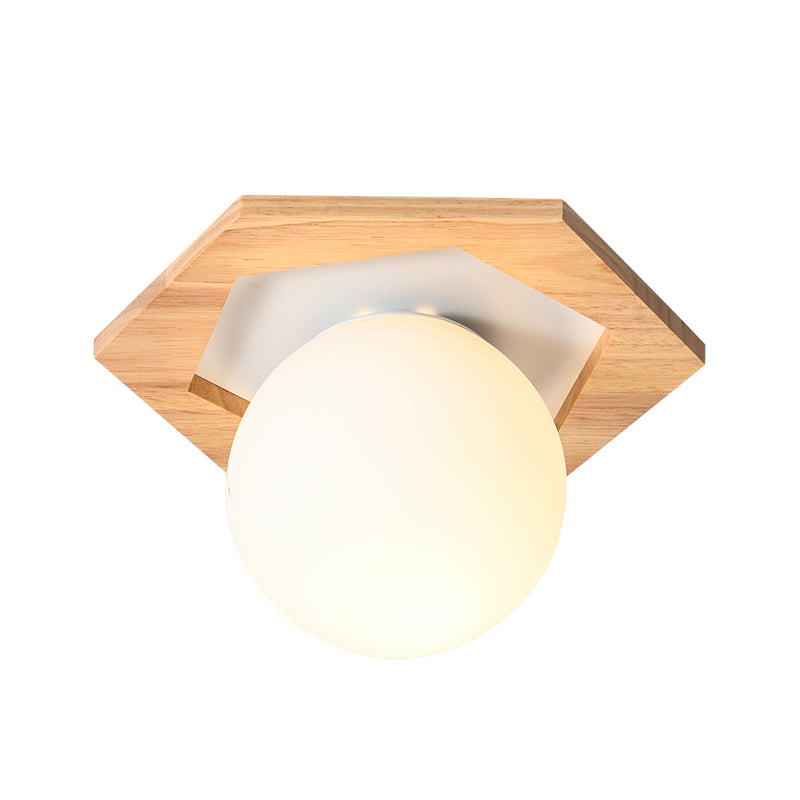 Modern Geometric Flush Mount Frosted White Glass 1-Light Corridor Flushmount Ceiling Light with Wooden Canopy