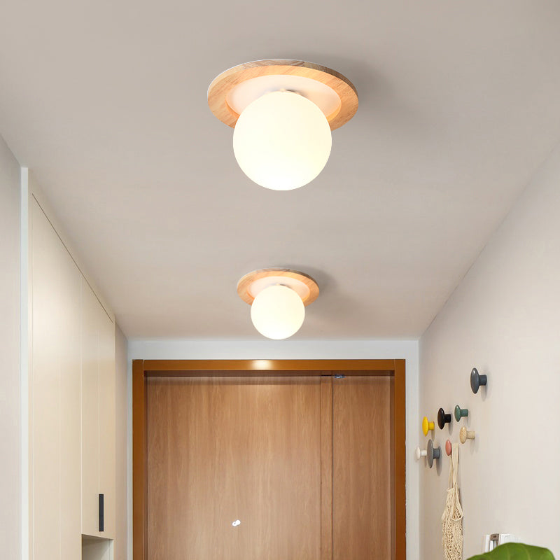 Modern Geometric Flush Mount Frosted White Glass 1-Light Corridor Flushmount Ceiling Light with Wooden Canopy