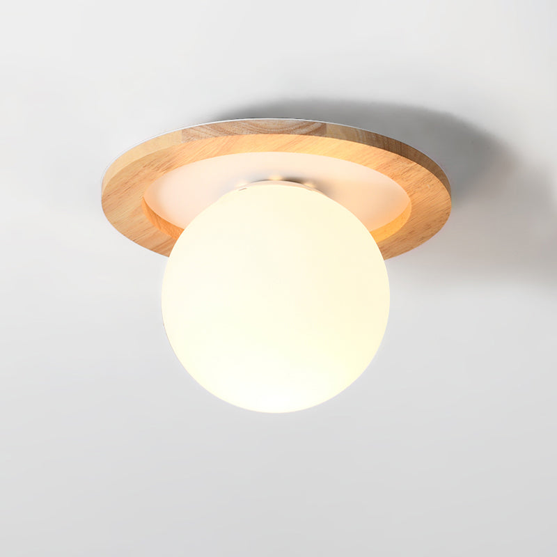 Modern Geometric Flush Mount Frosted White Glass 1-Light Corridor Flushmount Ceiling Light with Wooden Canopy