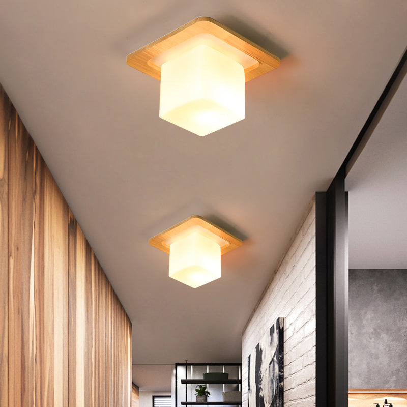 Modern Geometric Flush Mount Frosted White Glass 1-Light Corridor Flushmount Ceiling Light with Wooden Canopy