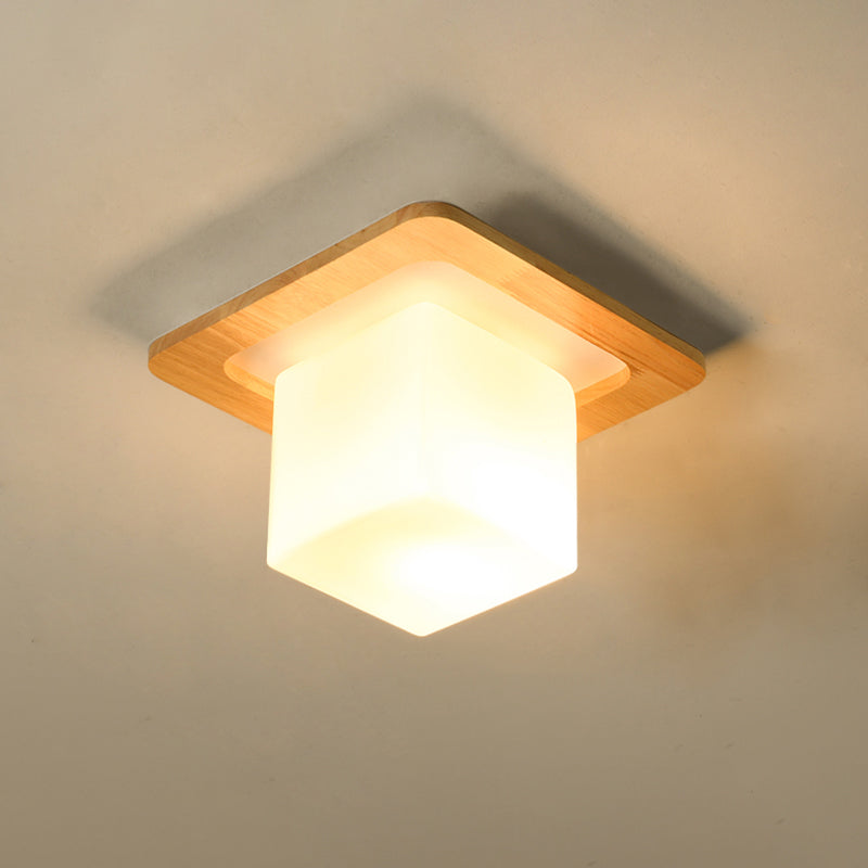 Modern Geometric Flush Mount Frosted White Glass 1-Light Corridor Flushmount Ceiling Light with Wooden Canopy