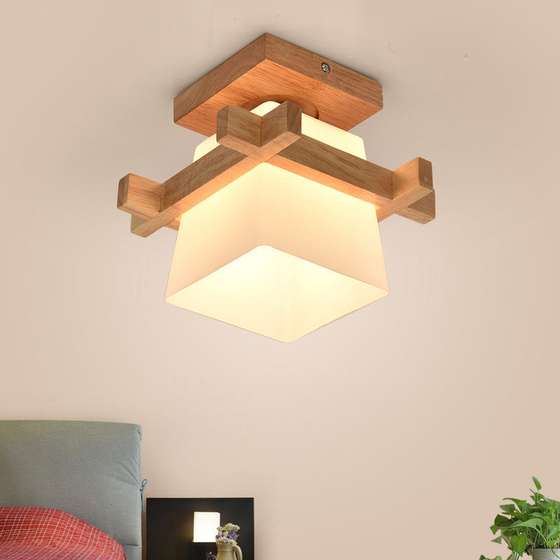 Square Flush Ceiling Light Japanese Wood Corridor Flush Mount Lighting with White Glass Shade