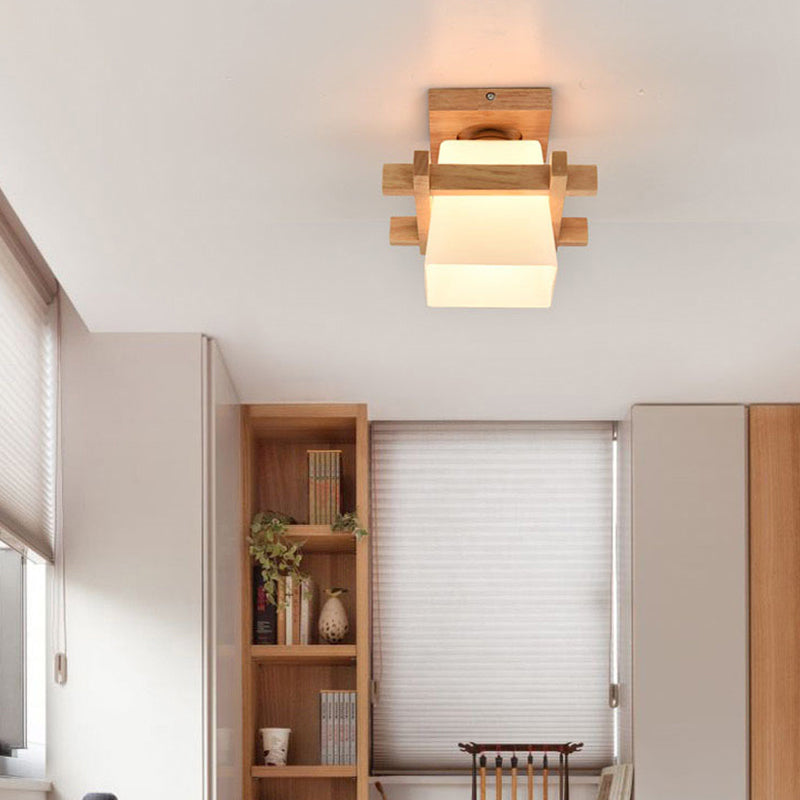 Square Flush Ceiling Light Japanese Wood Corridor Flush Mount Lighting with White Glass Shade