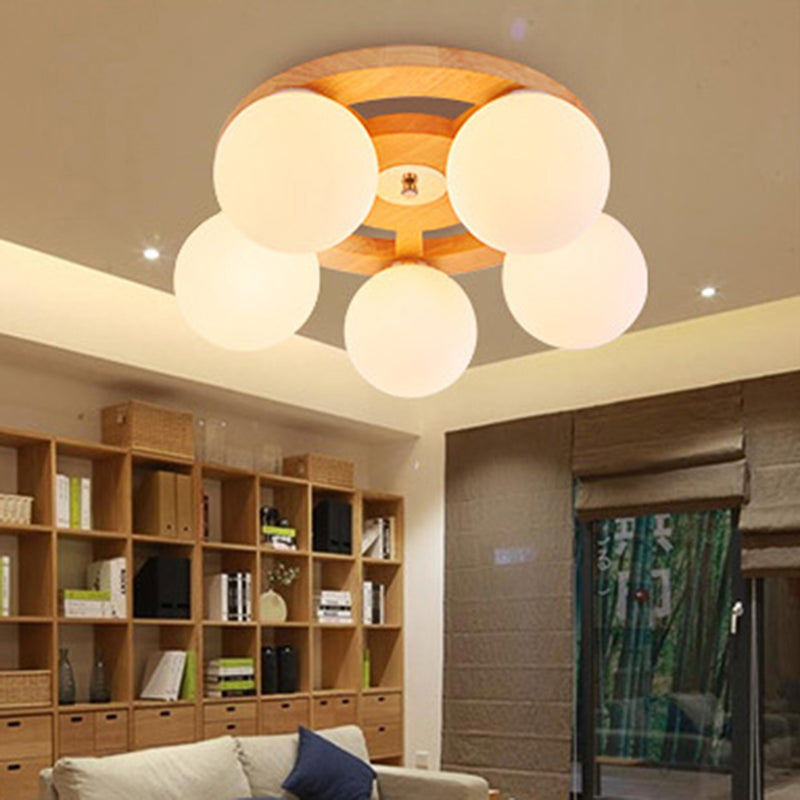 White Glass Globe Flush Mount Light Simplicity Flush Mount Ceiling Light with Wooden Canopy