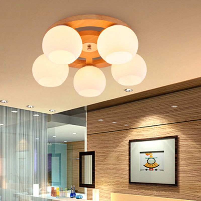 White Glass Globe Flush Mount Light Simplicity Flush Mount Ceiling Light with Wooden Canopy