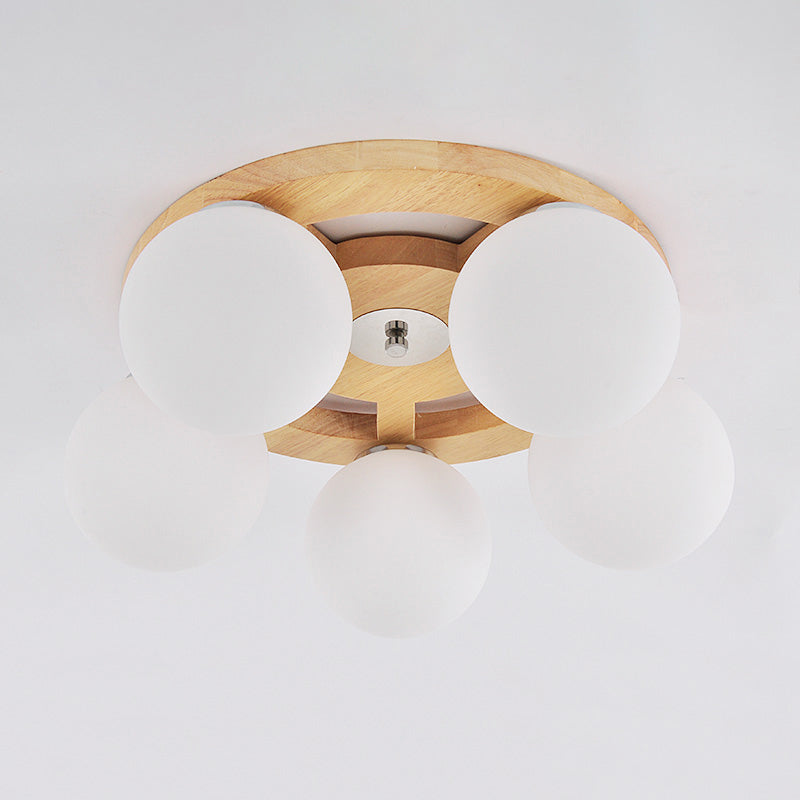 White Glass Globe Flush Mount Light Simplicity Flush Mount Ceiling Light with Wooden Canopy