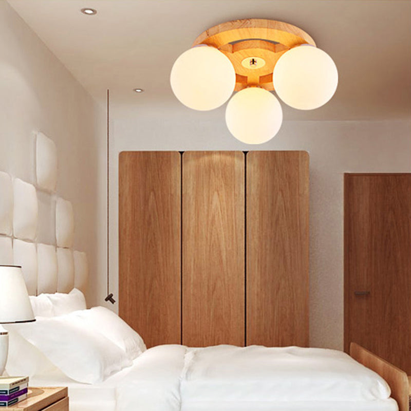 White Glass Globe Flush Mount Light Simplicity Flush Mount Ceiling Light with Wooden Canopy