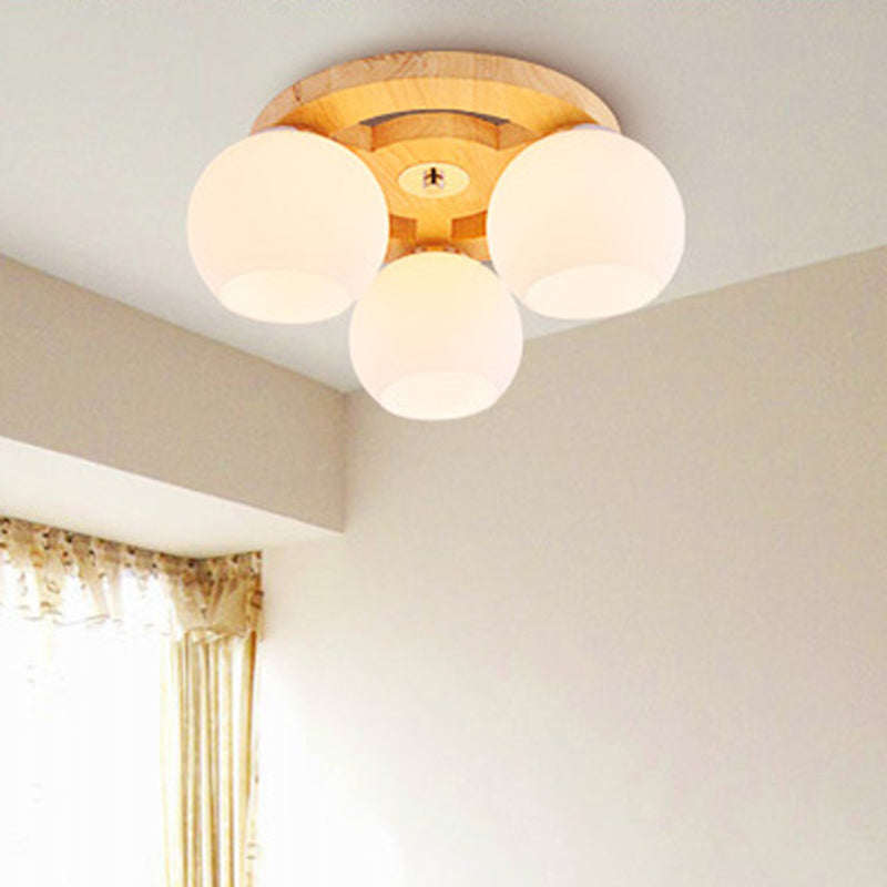 White Glass Globe Flush Mount Light Simplicity Flush Mount Ceiling Light with Wooden Canopy