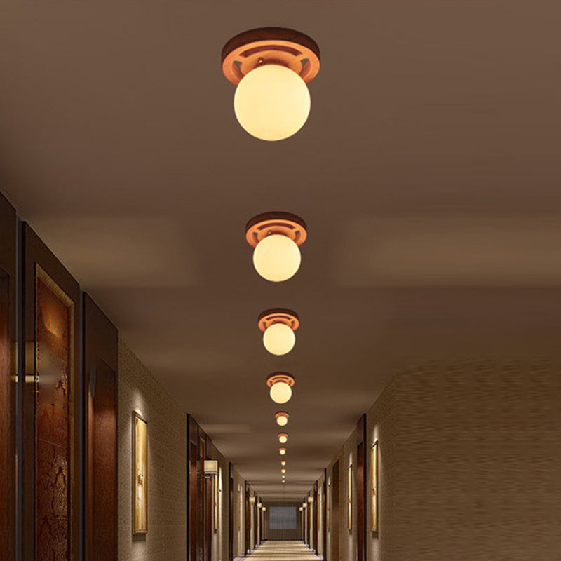 White Glass Globe Flush Mount Light Simplicity Flush Mount Ceiling Light with Wooden Canopy