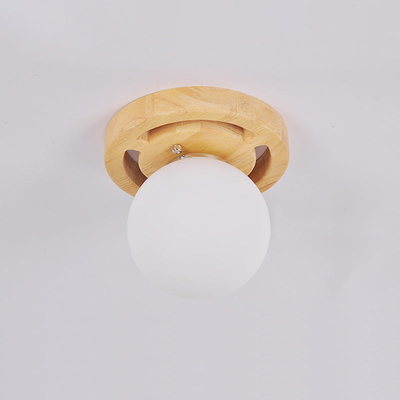White Glass Globe Flush Mount Light Simplicity Flush Mount Ceiling Light with Wooden Canopy