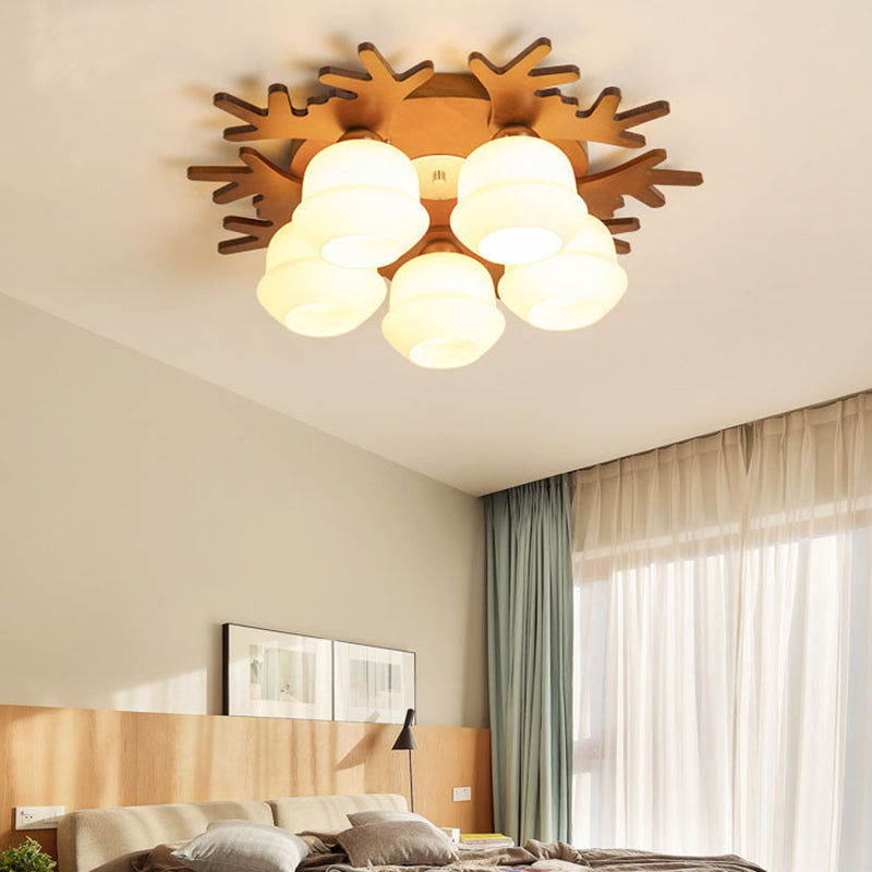 Antler Bedroom Flush Light Wood Nordic Style Flush Ceiling Light Fixture with White Glass Shade