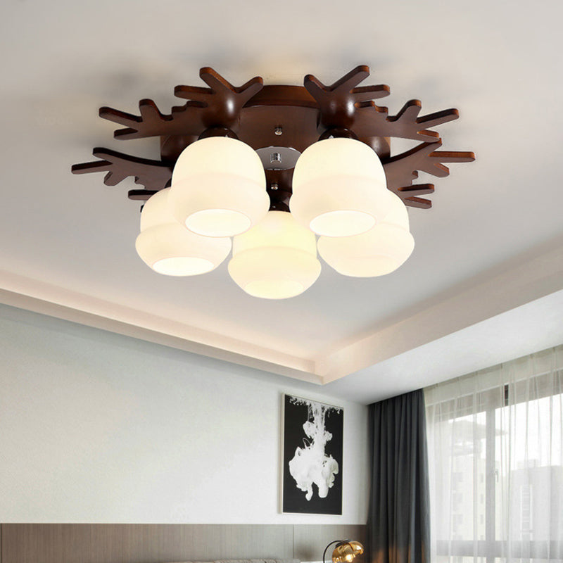 Antler Bedroom Flush Light Wood Nordic Style Flush Ceiling Light Fixture with White Glass Shade