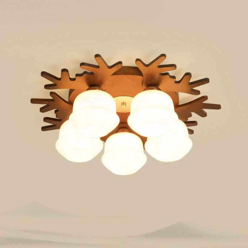 Antler Bedroom Flush Light Wood Nordic Style Flush Ceiling Light Fixture with White Glass Shade