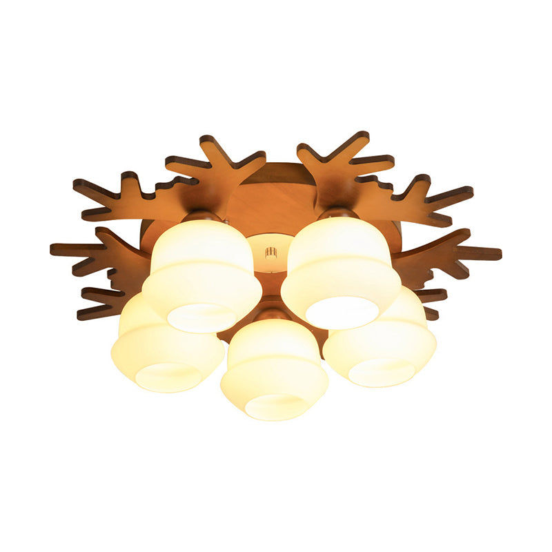 Antler Bedroom Flush Light Wood Nordic Style Flush Ceiling Light Fixture with White Glass Shade