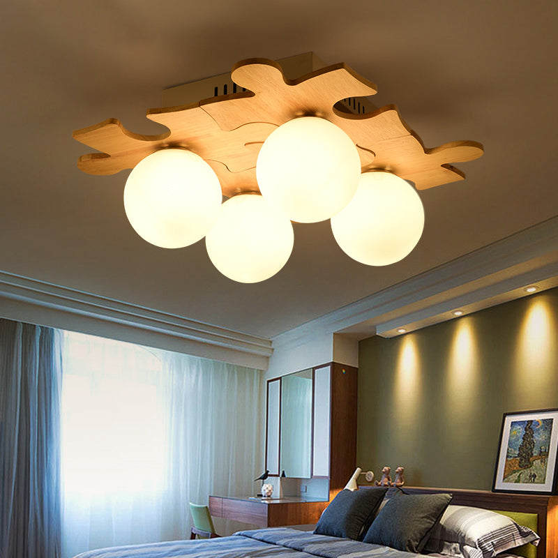 Japanese Round Flush Mount Lighting White Glass 4 Bulbs Bedroom Flush Ceiling Light Fixture with Wooden Decor