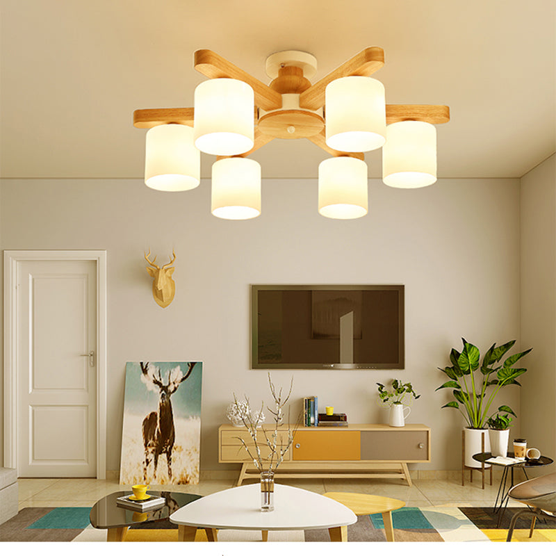 Cylinder Semi Flush Japanese Cream Glass Living Room Ceiling Mount Chandelier in Wood