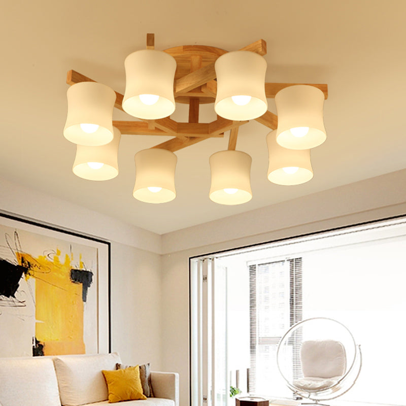 White Glass Shaded Semi Flush Mount Japanese Close To Ceiling Chandelier with Wooden Canopy