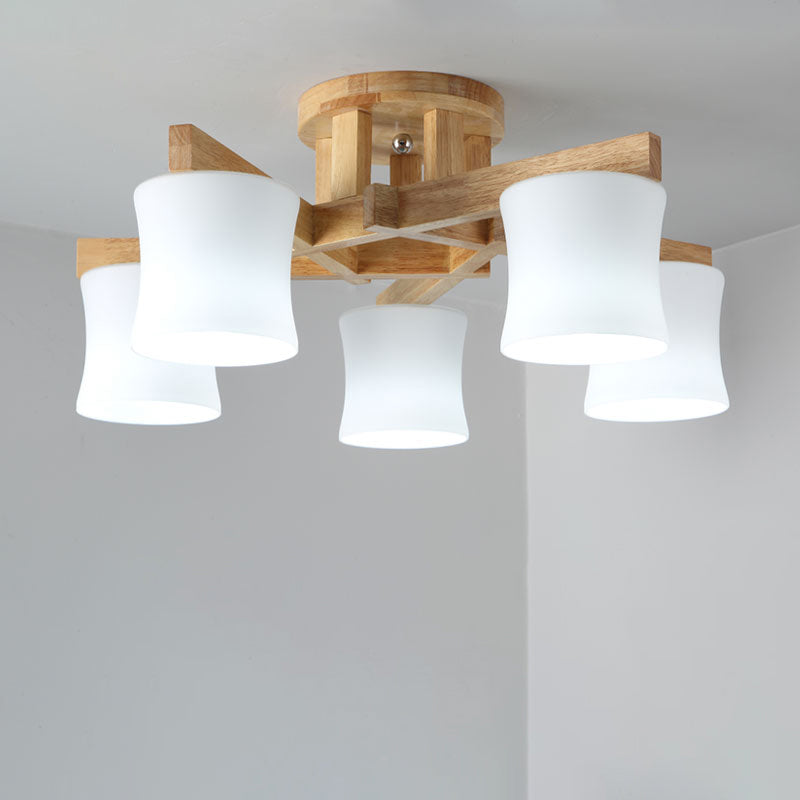 White Glass Shaded Semi Flush Mount Japanese Close To Ceiling Chandelier with Wooden Canopy