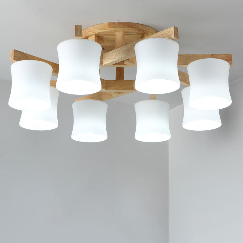 White Glass Shaded Semi Flush Mount Japanese Close To Ceiling Chandelier with Wooden Canopy