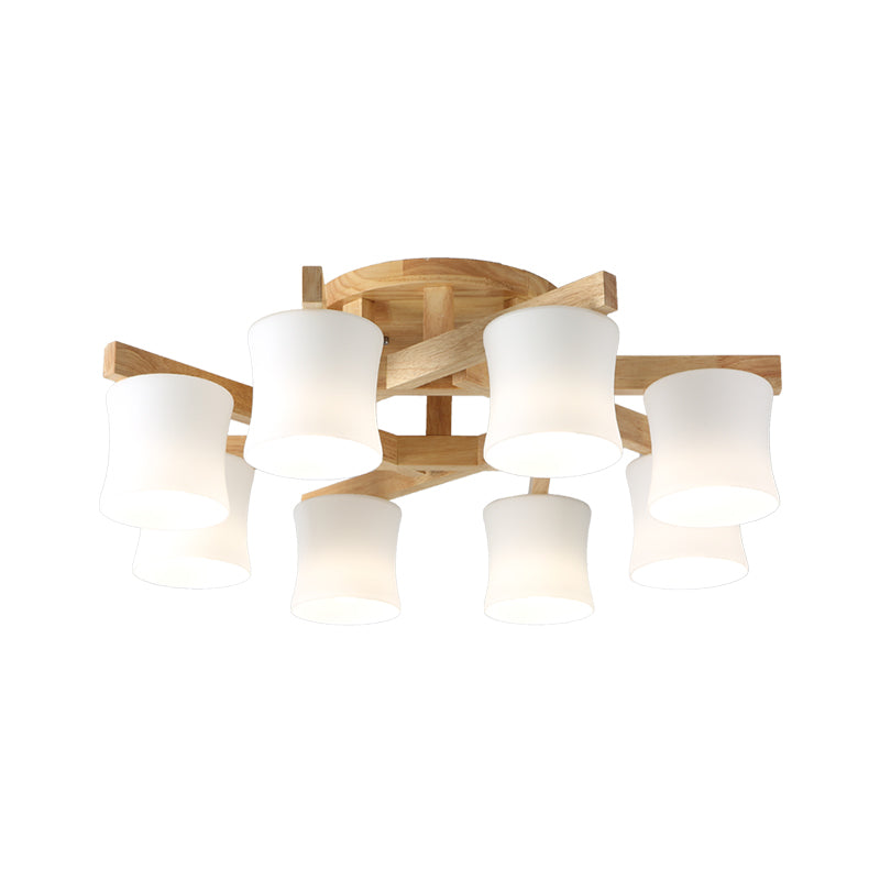 White Glass Shaded Semi Flush Mount Japanese Close To Ceiling Chandelier with Wooden Canopy