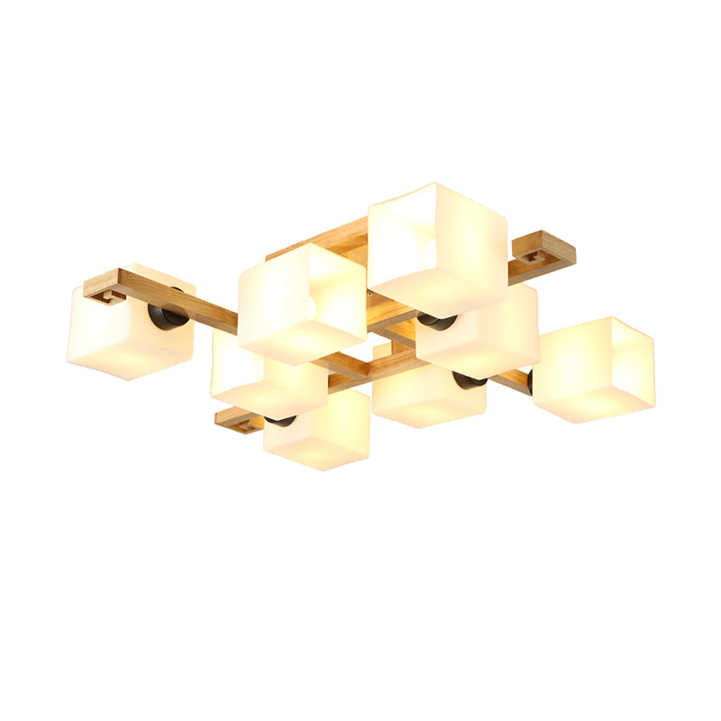 Lustre semi-encastré rectangulaire en verre blanc de style nordique avec auvent en bois pour salon
