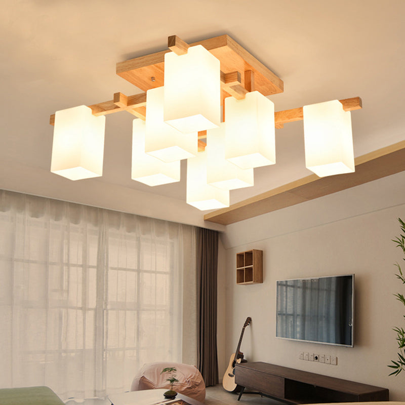 Square Semi Flush Light Modern Wood Living Room Flush Mount Ceiling Chandelier with Rectangle White Glass Shade