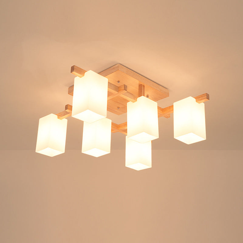 Square Semi Flush Light Modern Wood Living Room Flush Mount Ceiling Chandelier with Rectangle White Glass Shade