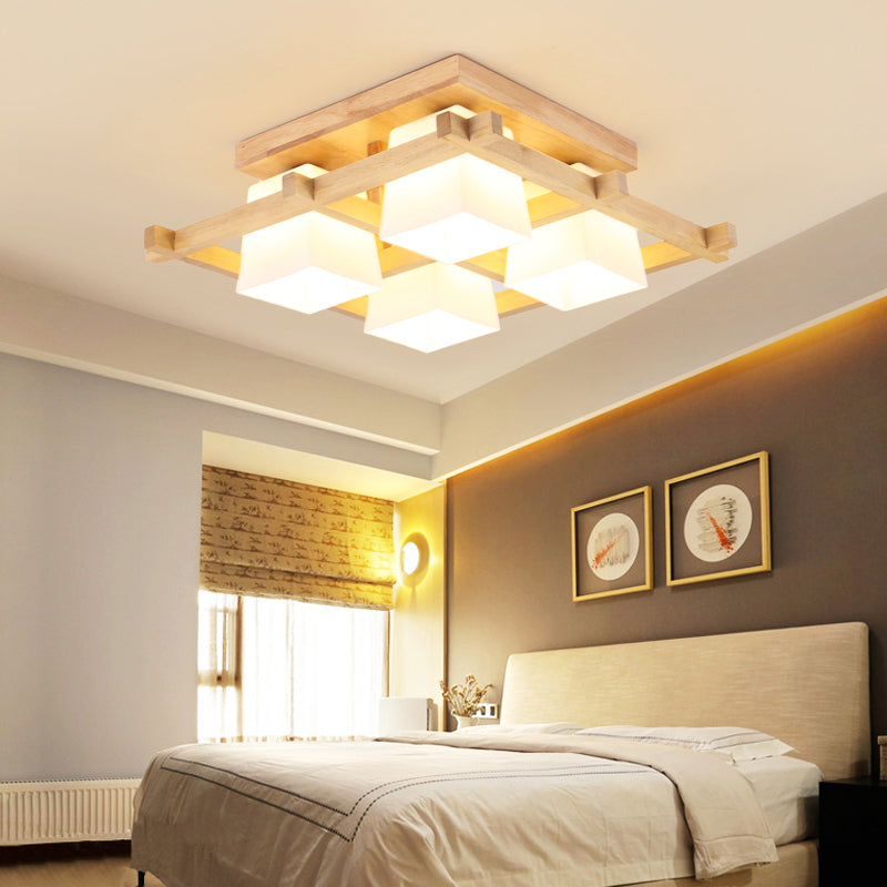 Luminaire encastré géométrique en verre crème de style japonais en bois