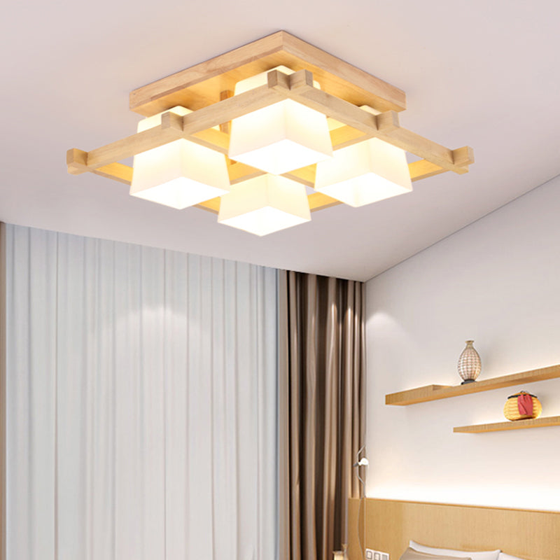 Luminaire encastré géométrique en verre crème de style japonais en bois