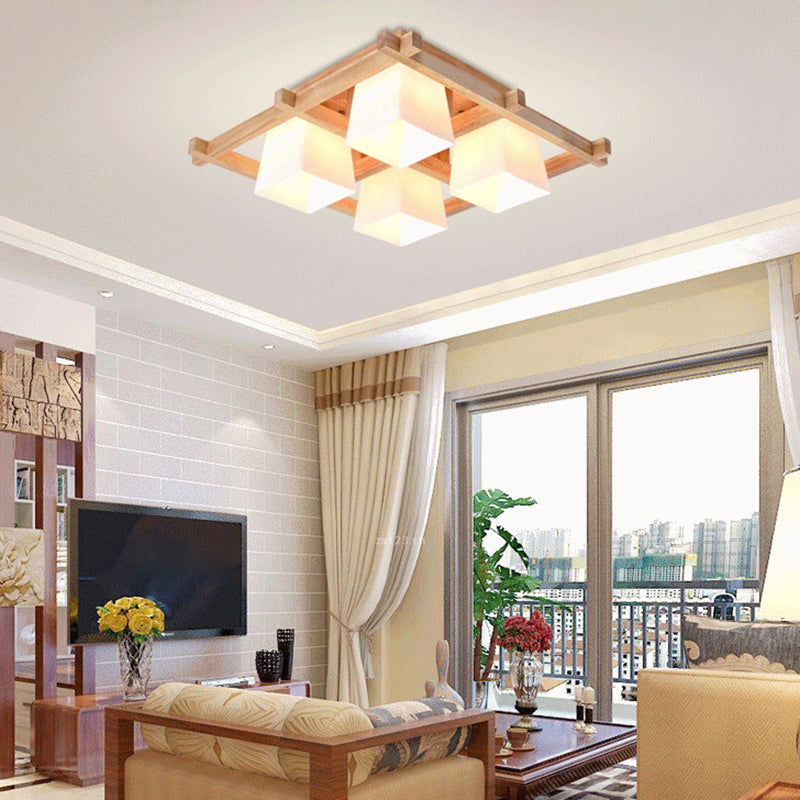 Nordic Style Trapezoid Flush Mount Opal Glass Living Room Flush Mount Fixture in Wood