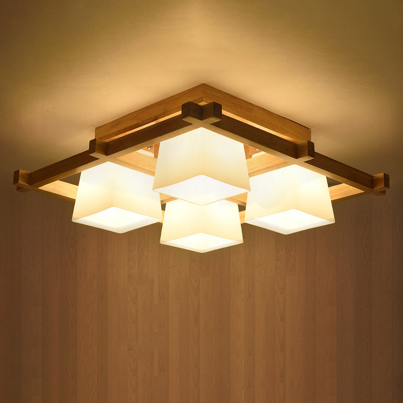 Nordic Style Trapezoid Flush Mount Opal Glass Living Room Flush Mount Fixture in Wood