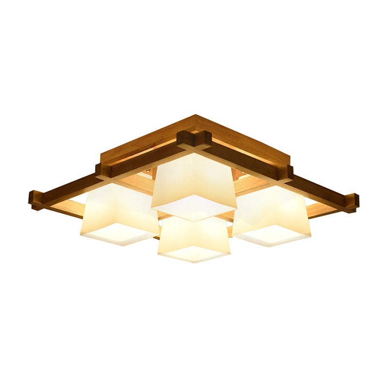 Nordic Style Trapezoid Flush Mount Opal Glass Living Room Flush Mount Fixture in Wood