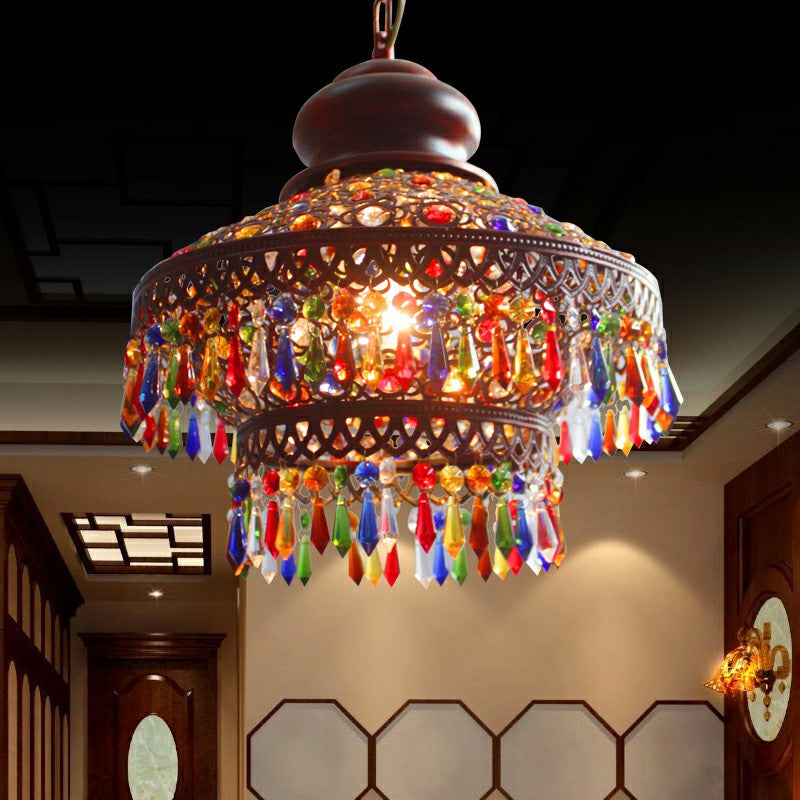 Shaded Colored Crystal Suspension Light Bohemian Restaurant Pendant Light Fixture in Copper