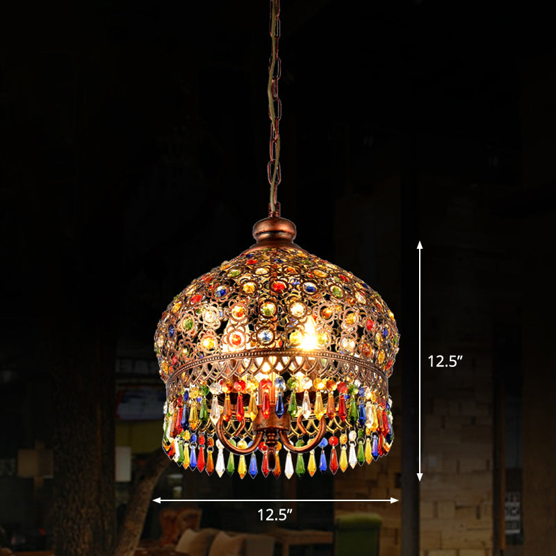 Shaded Colored Crystal Suspension Light Bohemian Restaurant Pendant Light Fixture in Copper