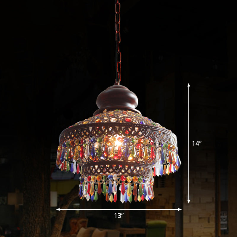 Shaded Colored Crystal Suspension Light Bohemian Restaurant Pendant Light Fixture in Copper